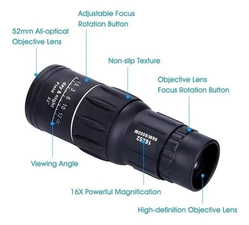 Telescopio Monocular HD 16x52 | Visión Óptica de Largo Alcance para Naturaleza y Zoológicos