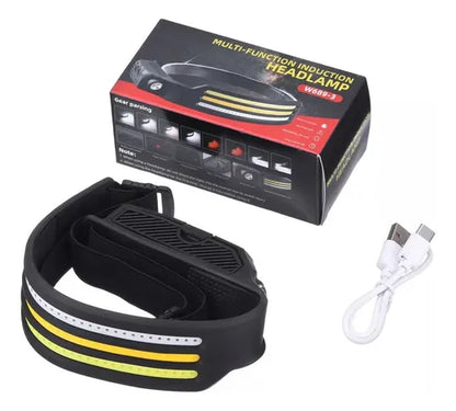 Linterna Frontal Recargable con Sensor y Tres Tiras LED – Potente, Resistente y Versátil para Actividades Profesionales y Outdoor